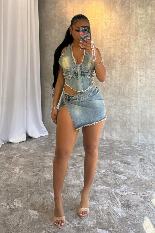 Harlem Denim Halter Top & Skirt SET